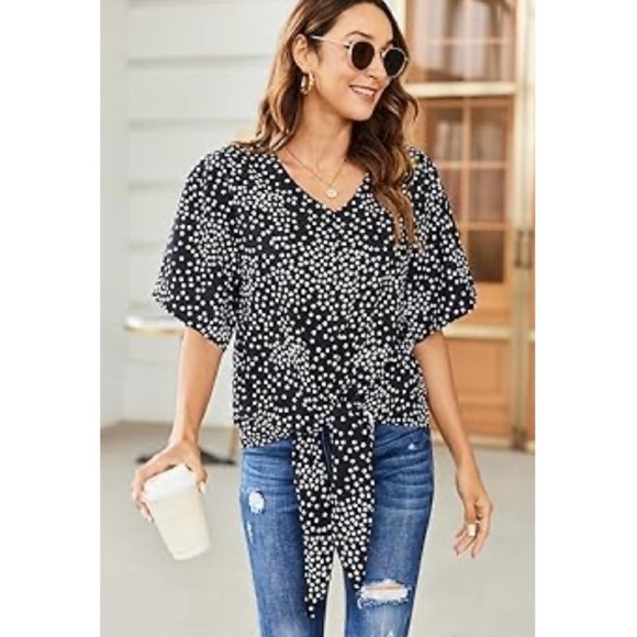 BonWorth Tops - 🏷️ 4/$25 Polka Dot Abstract Tie Front Boxy Crop Oversize Drop Shoulder Blouse